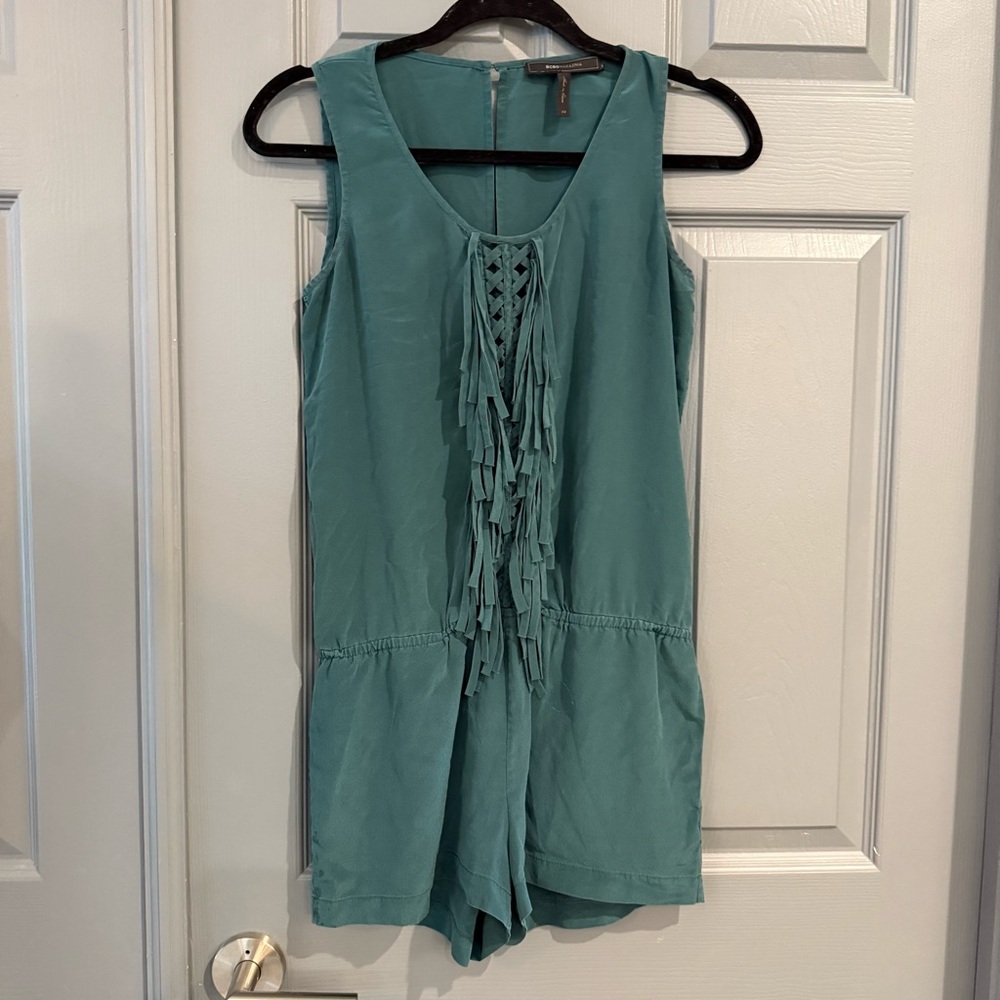 BCBGMaxAzria Teal Romper with Fringe Accents